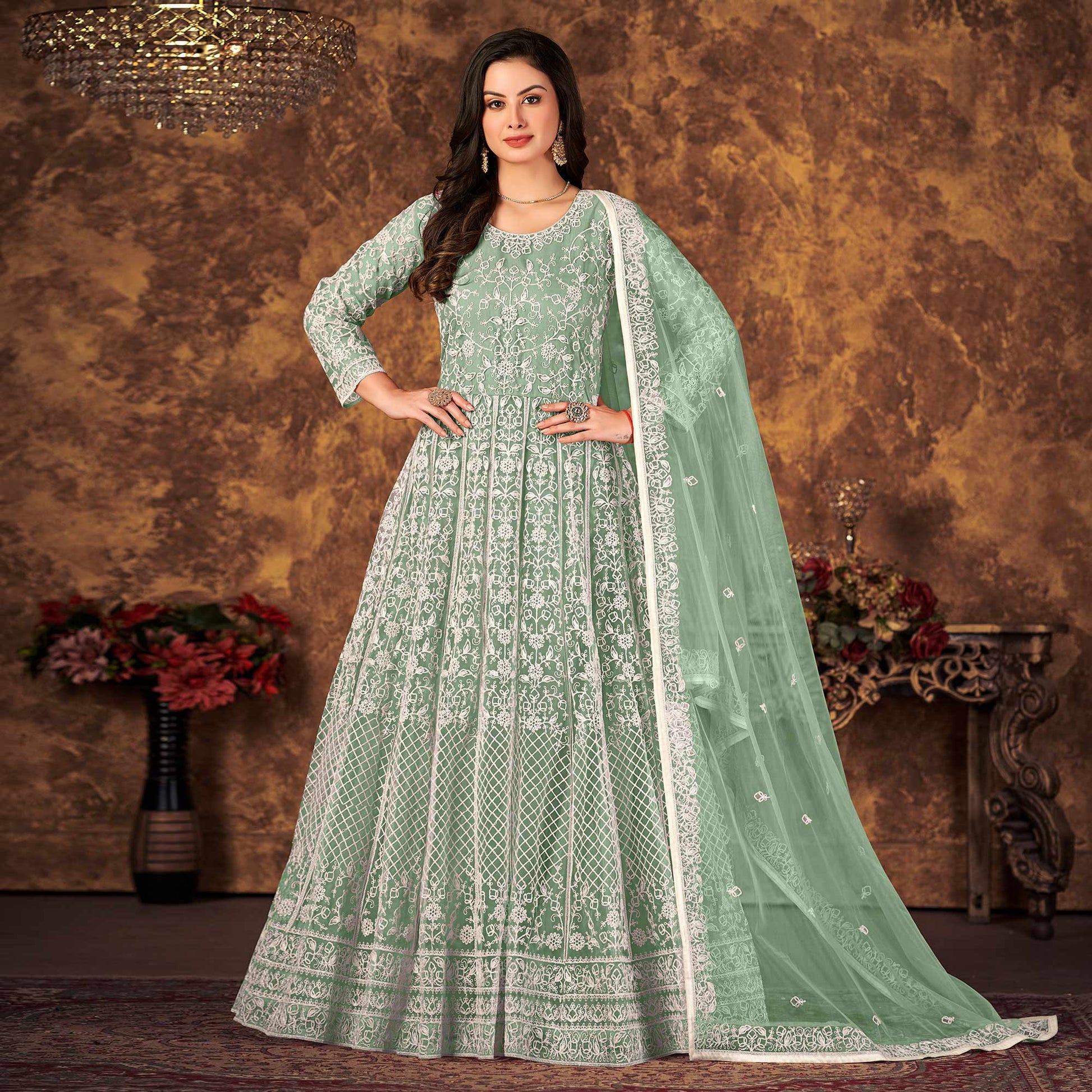 green-floral-embroidered-net-semi-stitched-dress-material