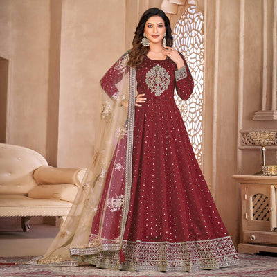 Maroon Floral Embroidered Tapetta Silk Semi Stitched Anarkali Suit