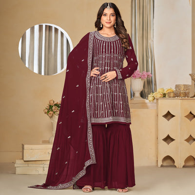 Maroon Floral Sequins Embroidered Georgette Semi Stitched Sharara Suit