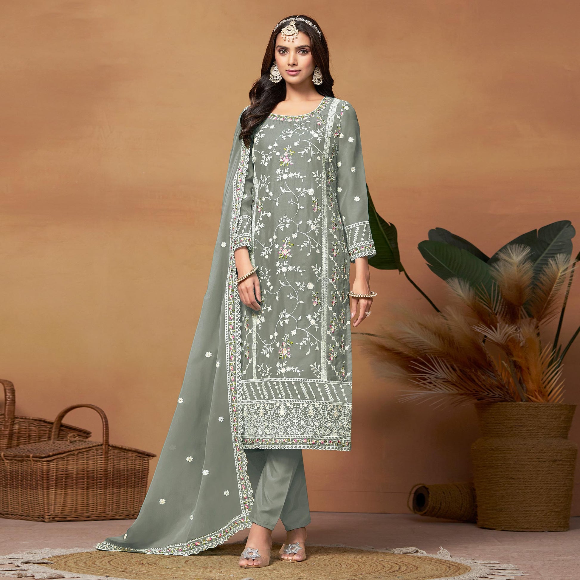 grey-floral-embroidered-organza-semi-stitched-dress-material