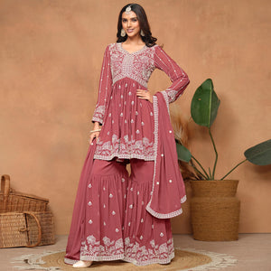 Mauve Floral Embroidered Georgette Semi Stitched Suit