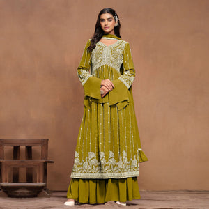 Dark Mustard Floral Embroidered Georgette Semi Stitched Alia Cut Sharara Suit