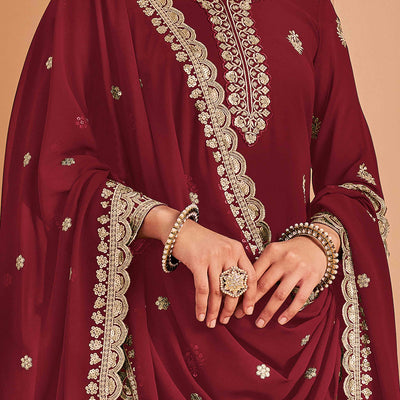 Maroon Floral Embroidery Georgette Semi Stitched Palazzo Suit