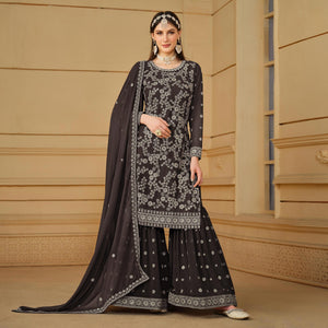Dark Grey Floral Embroidered Georgette Semi Stitched Sharara Suit