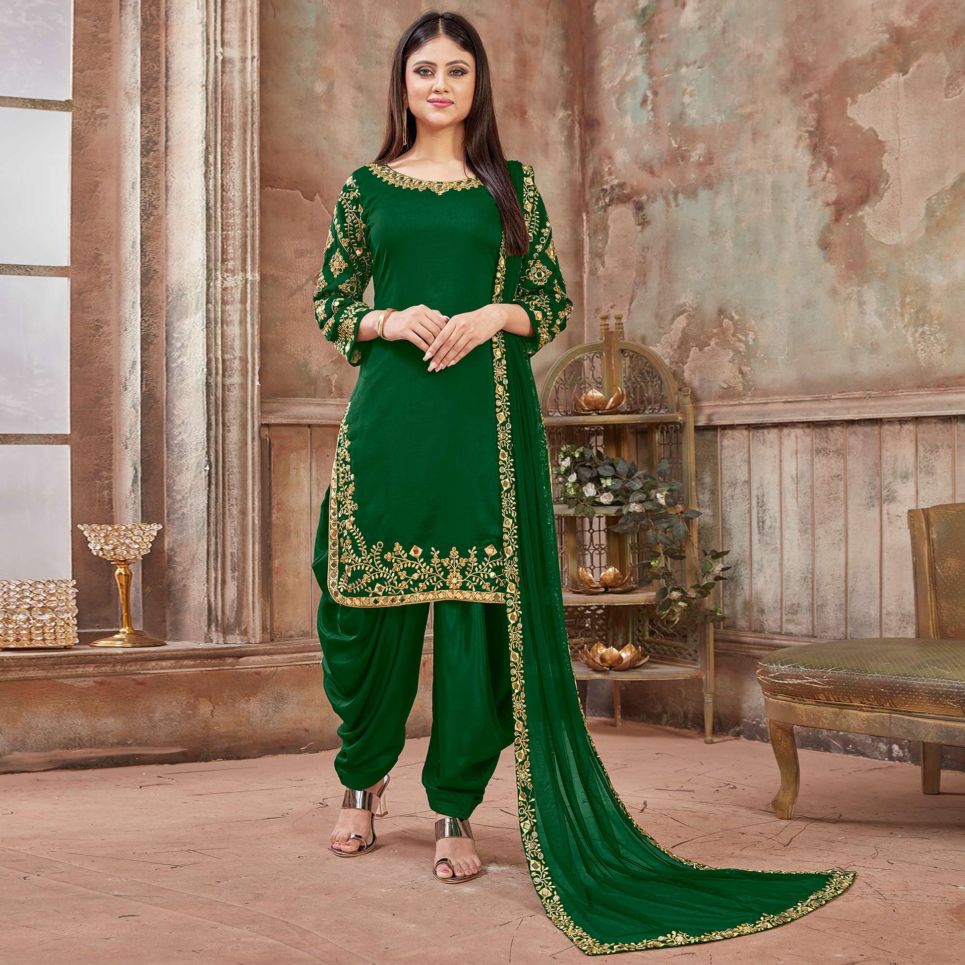green-floral-embroidered-art-silk-patiala-suit
