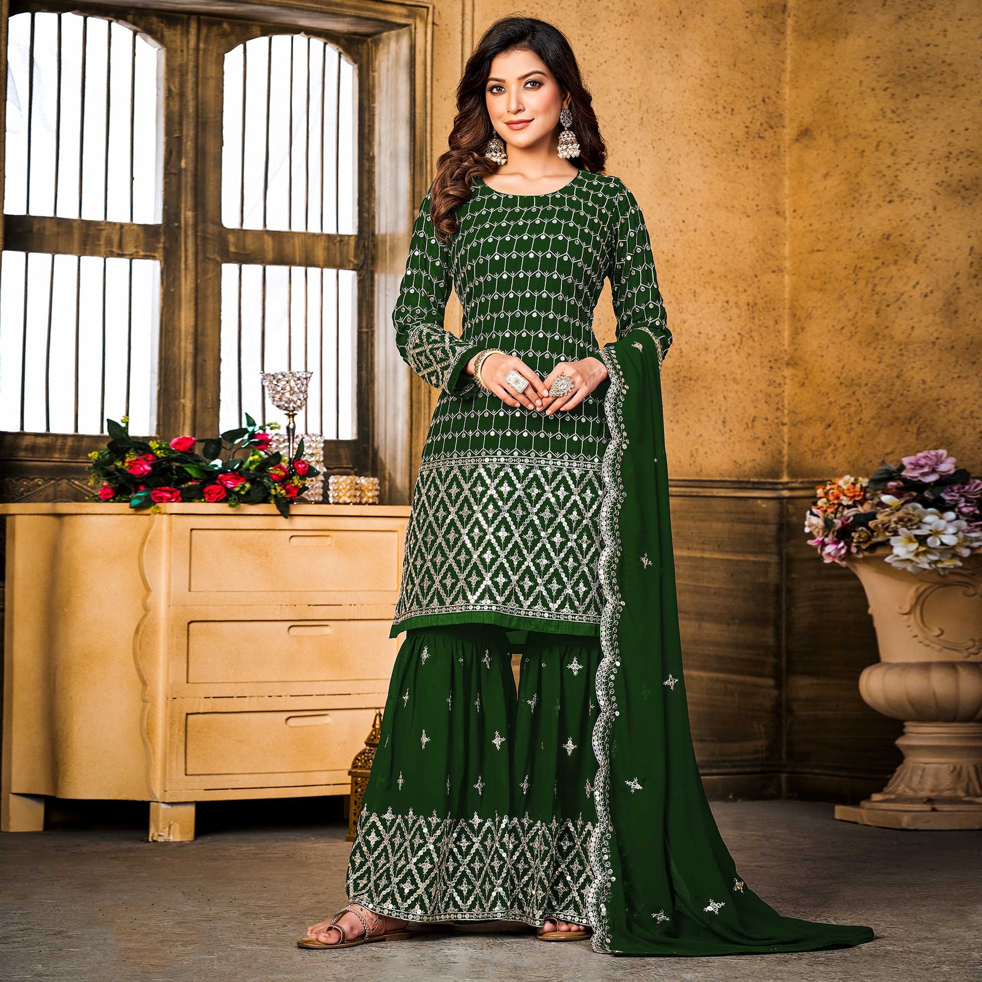 green-sequins-embroidered-georgette-semi-stitched-suit-1