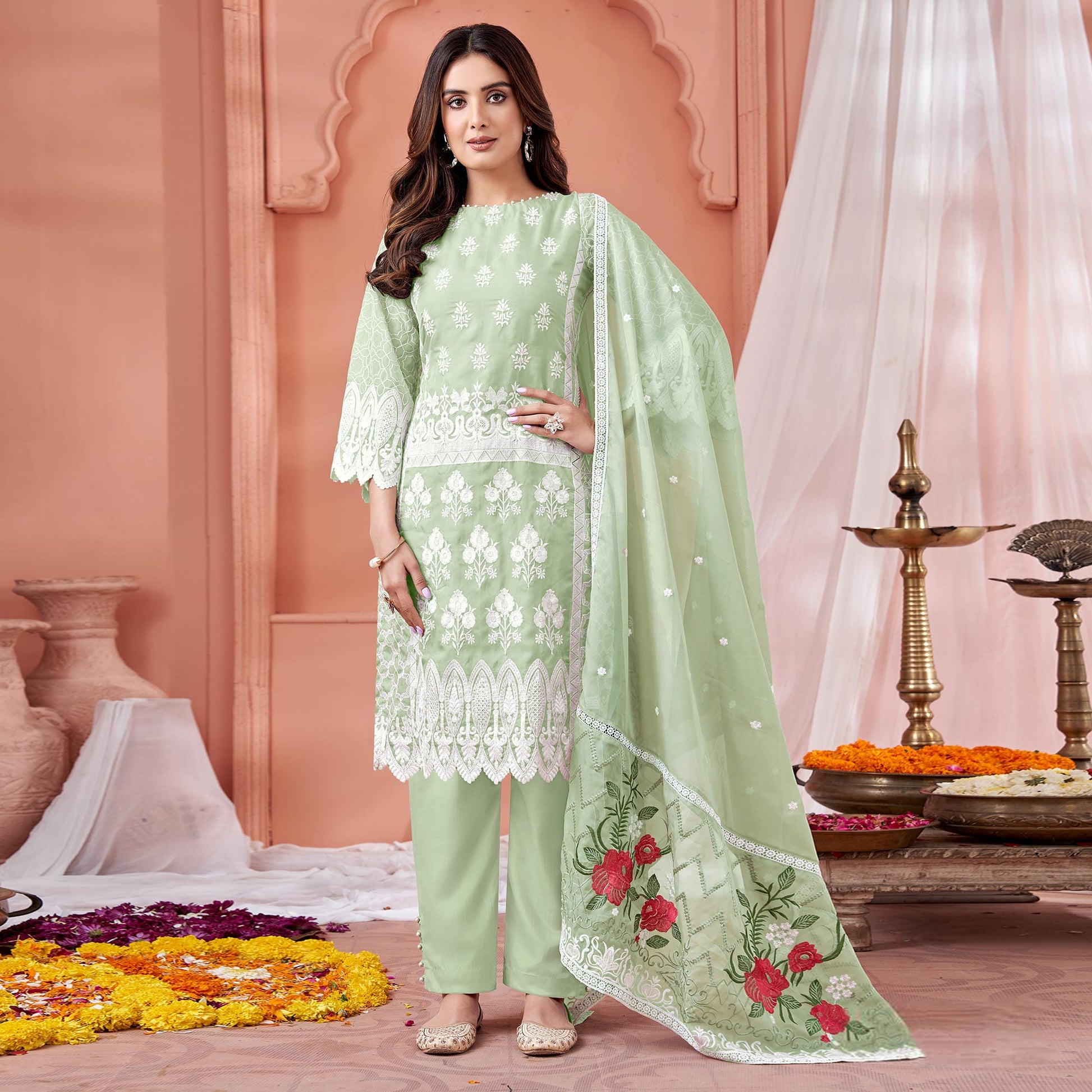green-floral-embroidered-organza-semi-stitched-suit