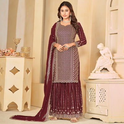 Maroon Sequins Embroidered Georgette Semi Stithed Sharara Suit