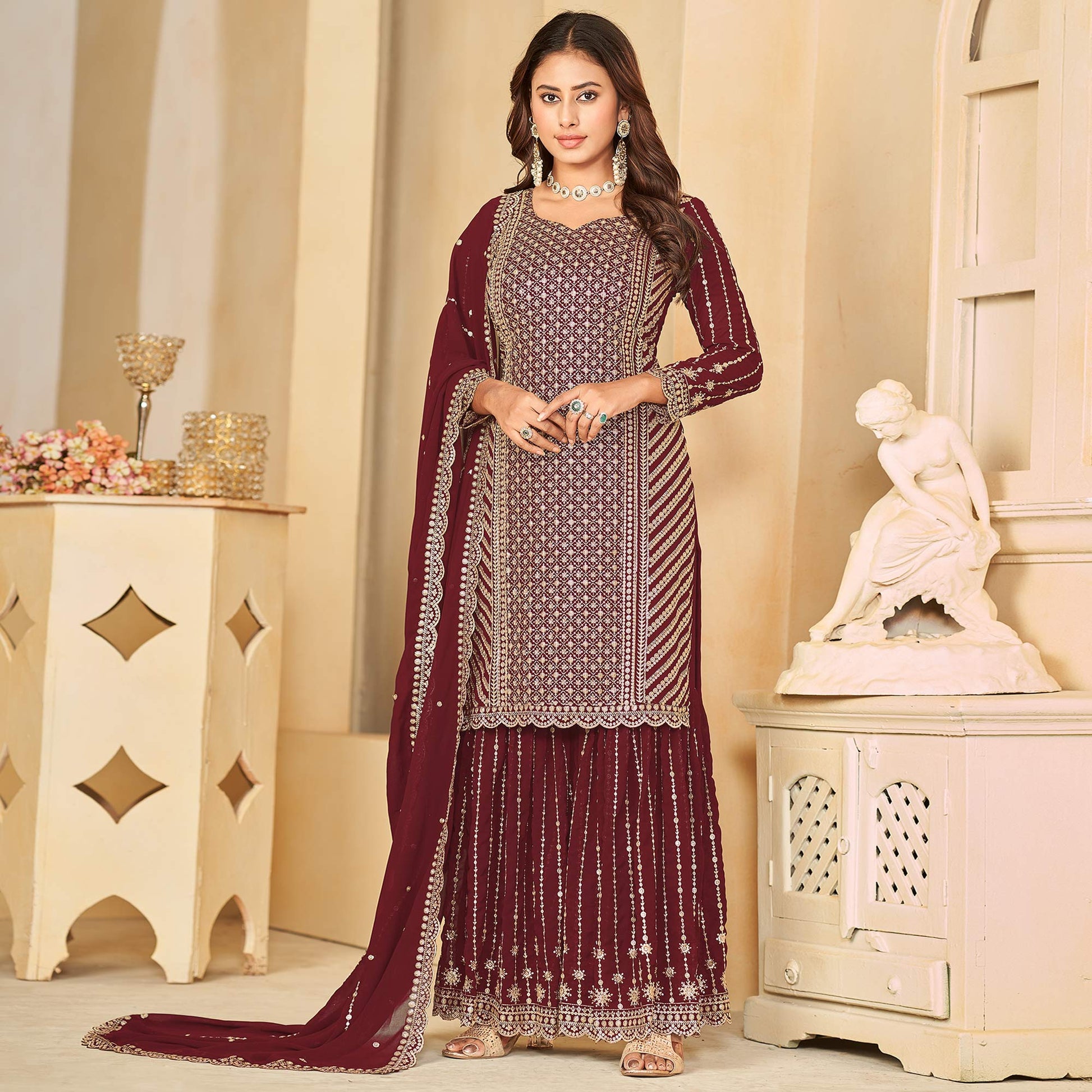 Maroon Sequins Embroidered Georgette Semi Stithed Sharara Suit