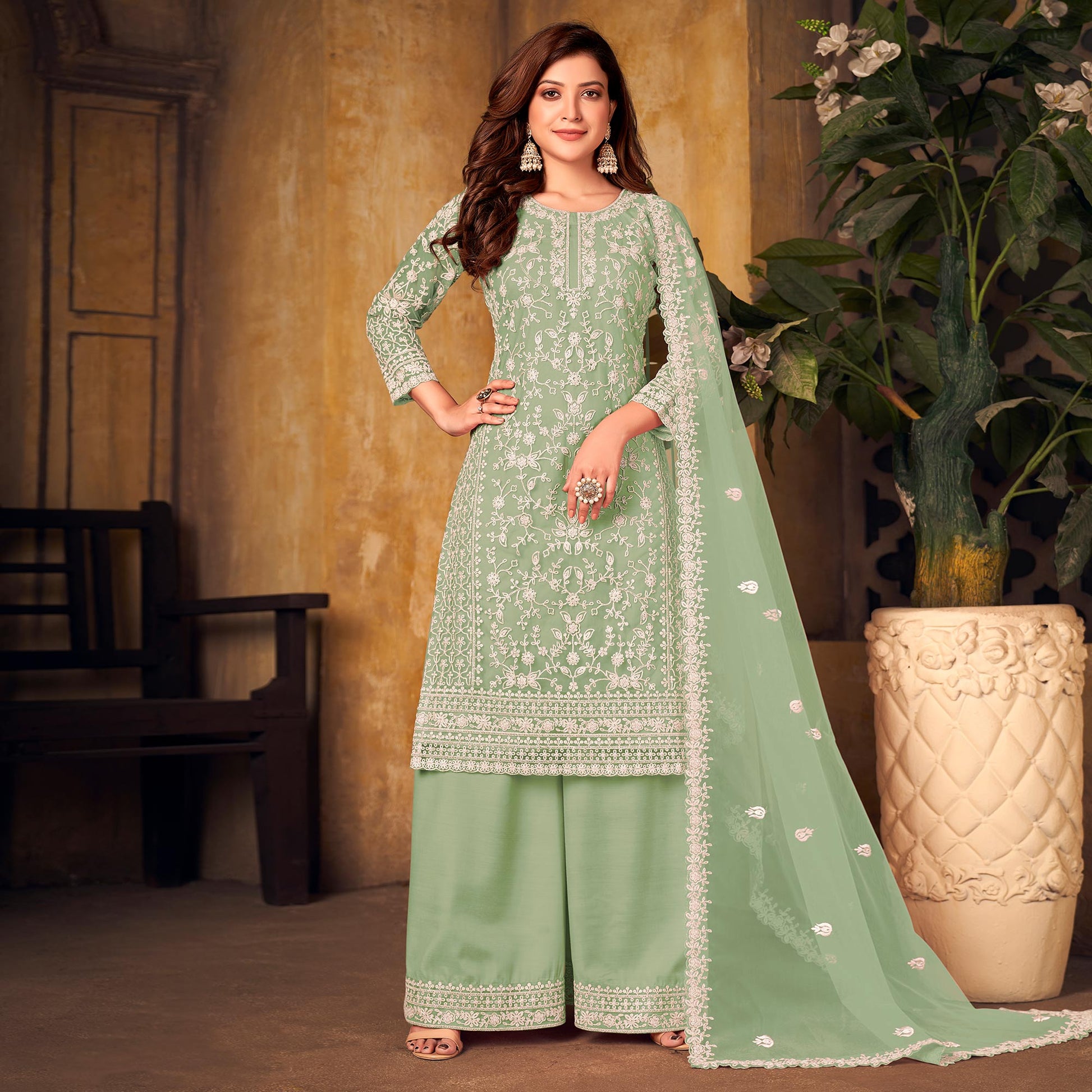 green-floral-embroidered-net-semi-stitched-suit