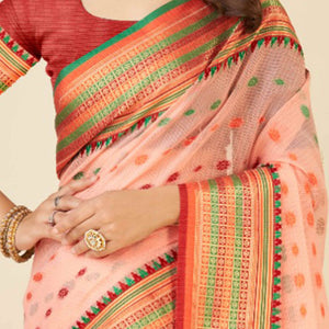 Light Peach Zari Weaving Cotton Silk Saree