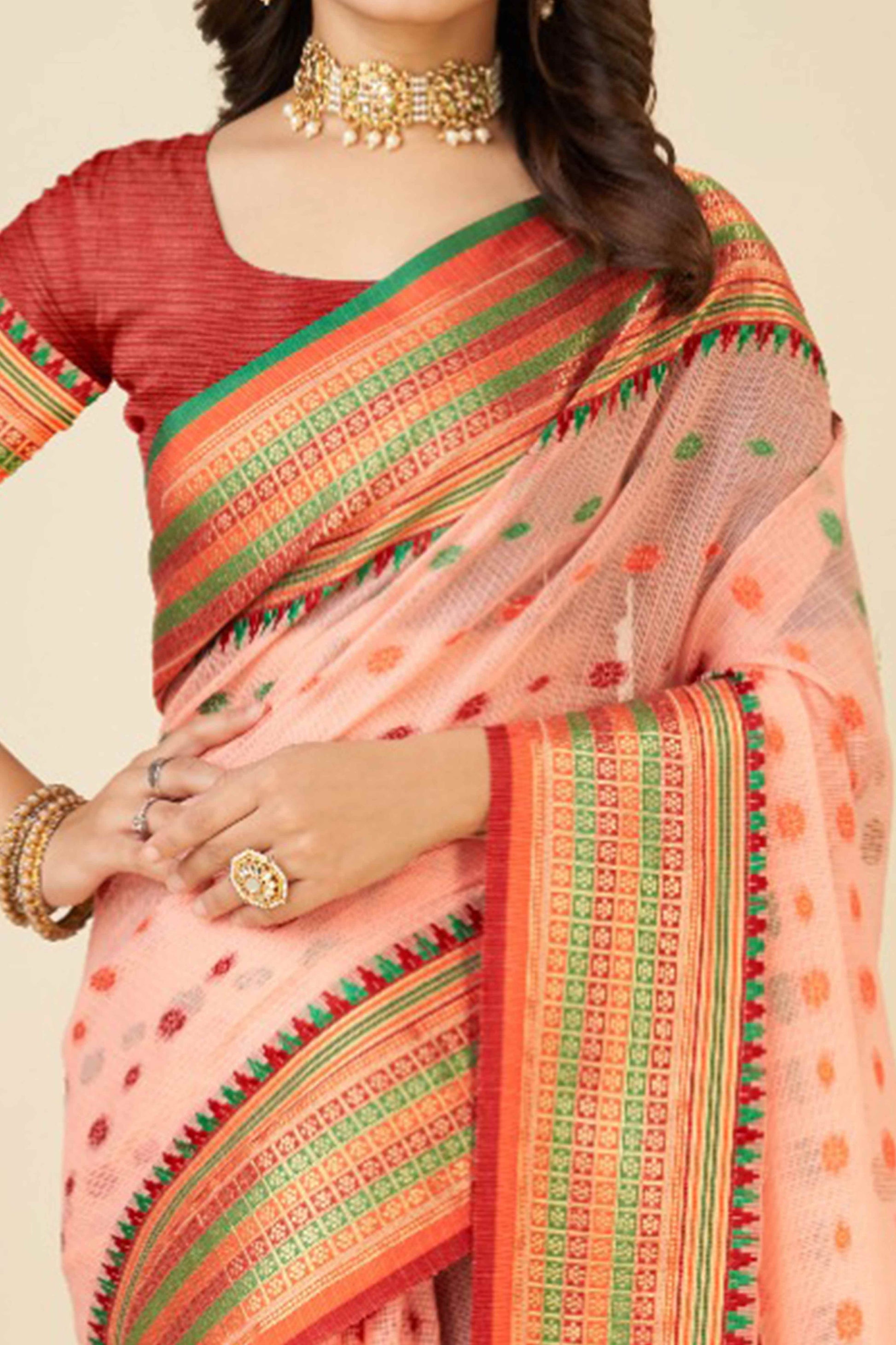 Light Peach Zari Weaving Cotton Silk Saree