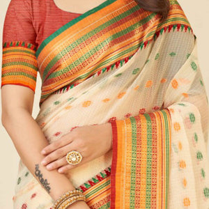 Cream Zari Weaving Cotton Silk Saree