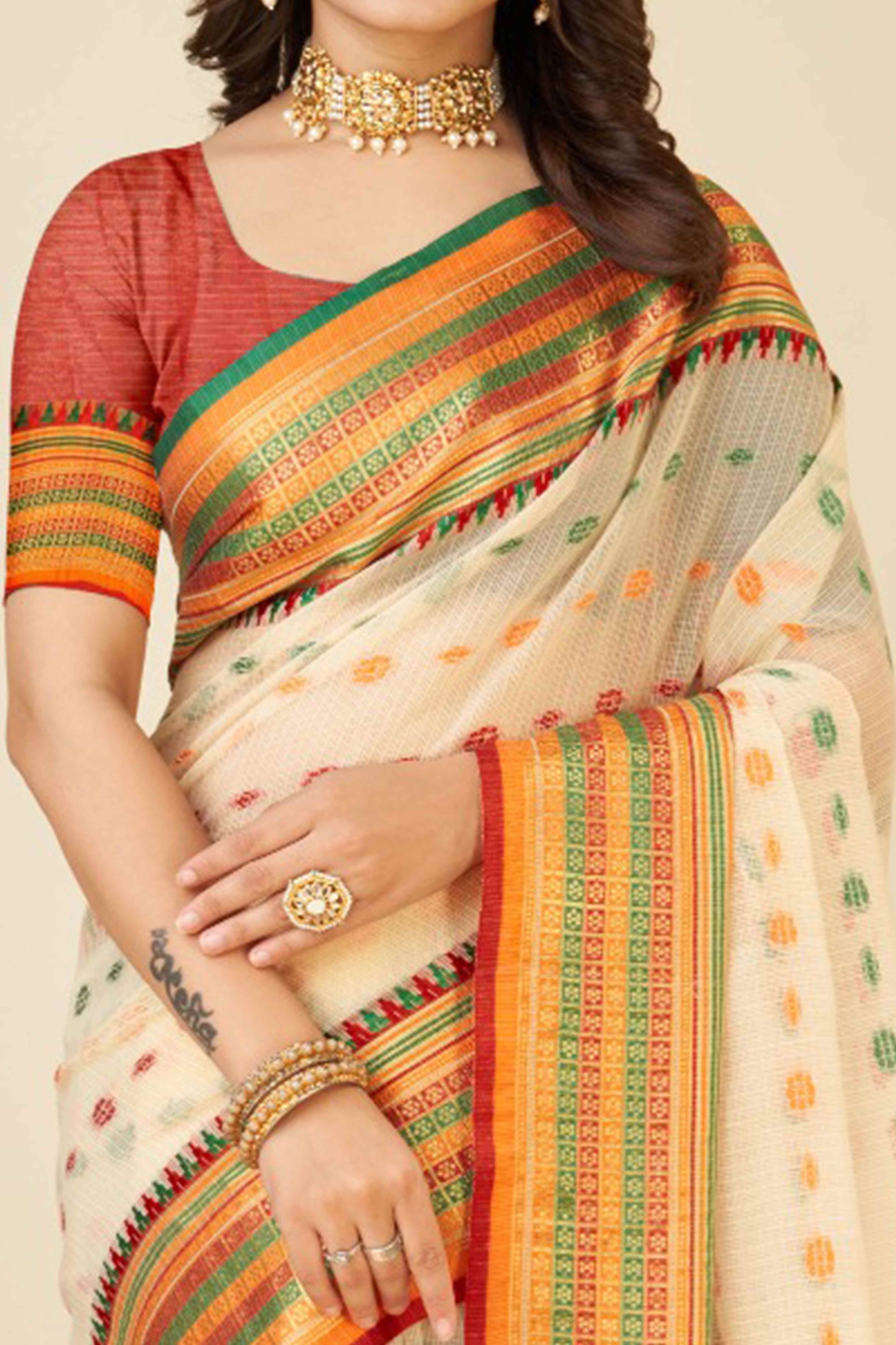 Cream Zari Weaving Cotton Silk Saree