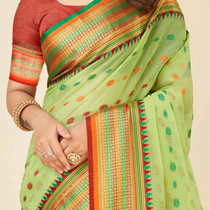 Light Green Zari Weaving Cotton Silk Saree