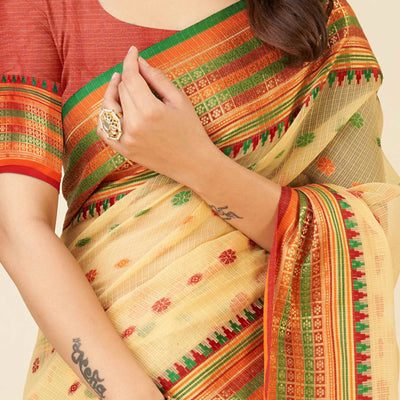 Light Yellow Zari Weaving Cotton Silk Saree