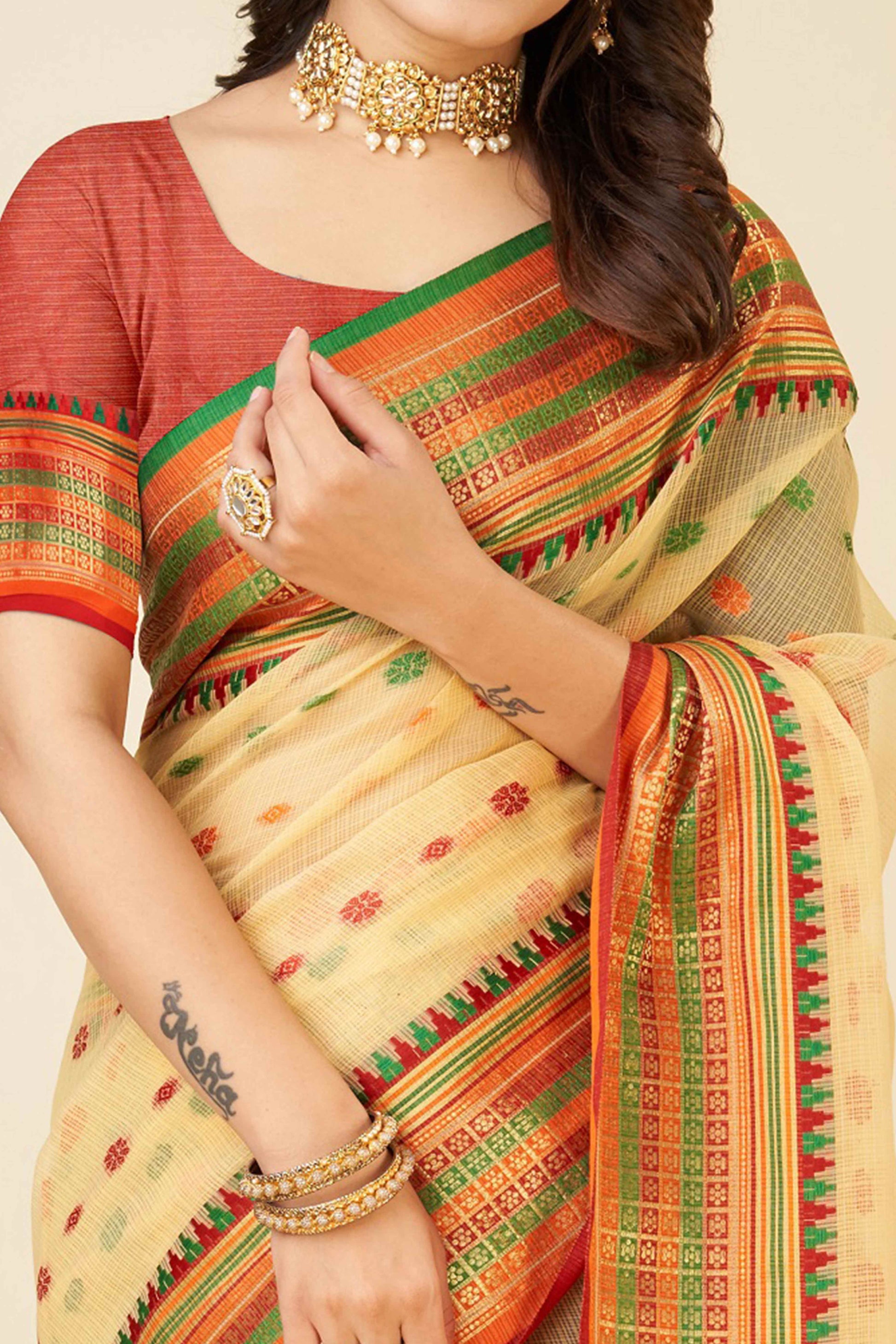 Light Yellow Zari Weaving Cotton Silk Saree