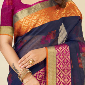 Blue Zari Weaving Cotton Blend Saree