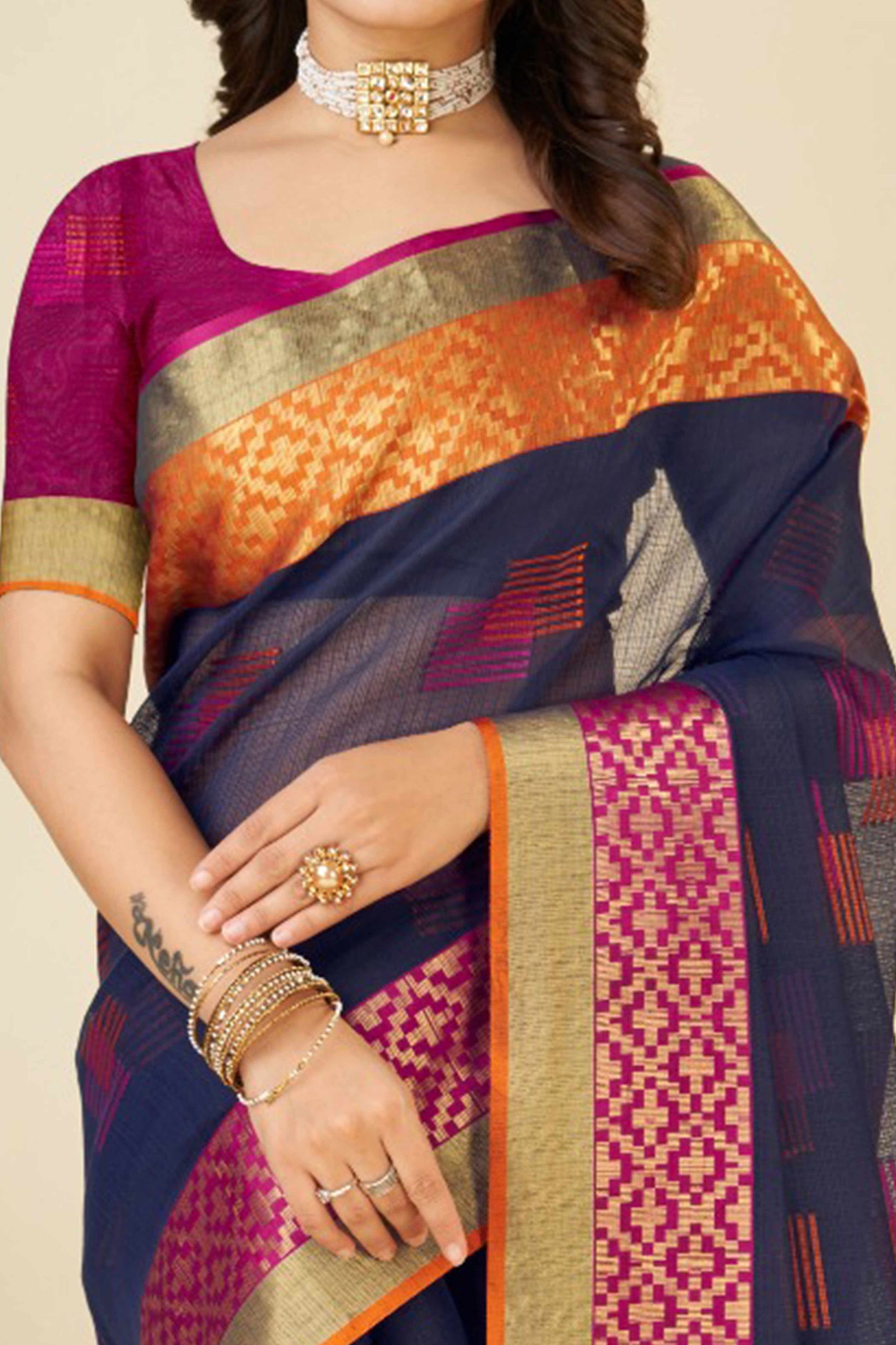 Blue Zari Weaving Cotton Blend Saree