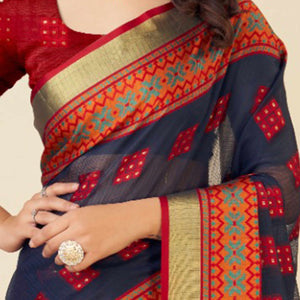 Blue Zari Weaving Cotton Blend Saree