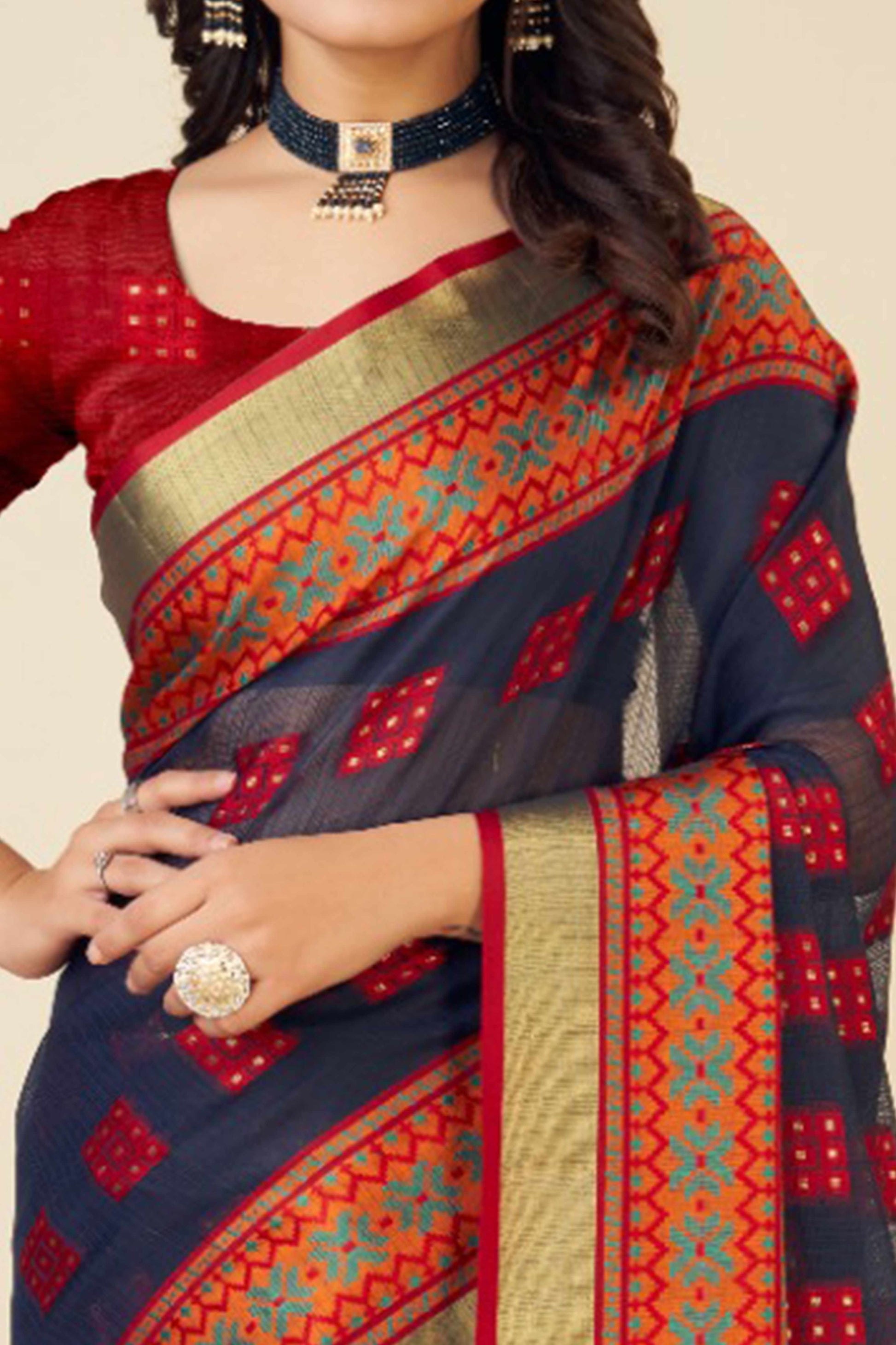 Blue Zari Weaving Cotton Blend Saree