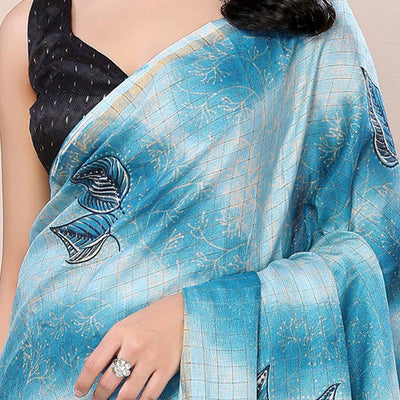 Blue Woven With Printed Silk Ready To Wear Saree