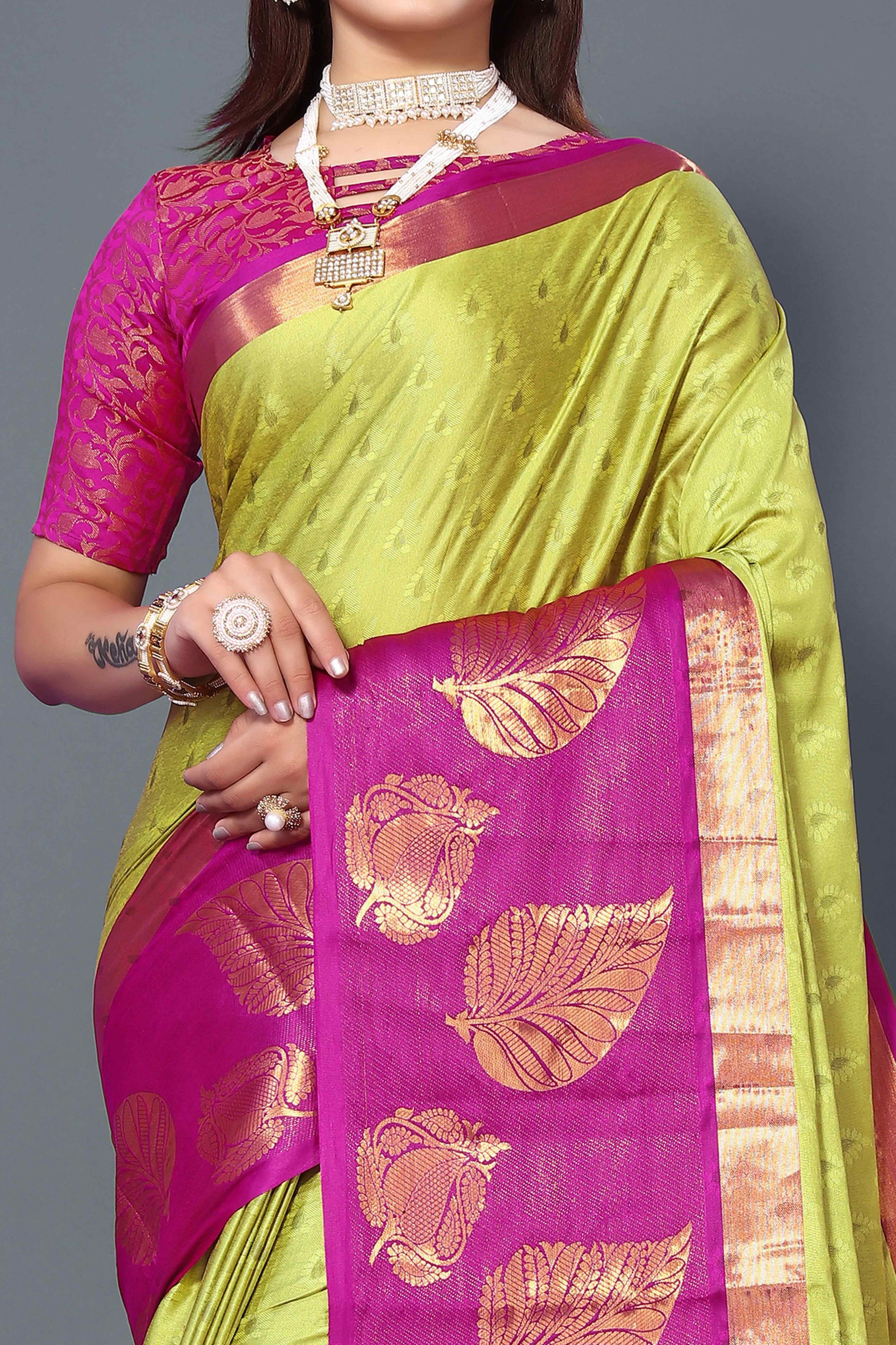 Lime Yellow Zari Weaving Cotton Silk Saree