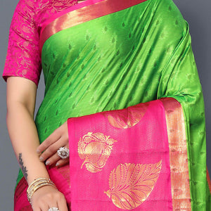Lemon Green Zari Weaving Cotton Silk Saree