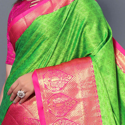Lemon Green Zari Weaving Cotton Silk Saree