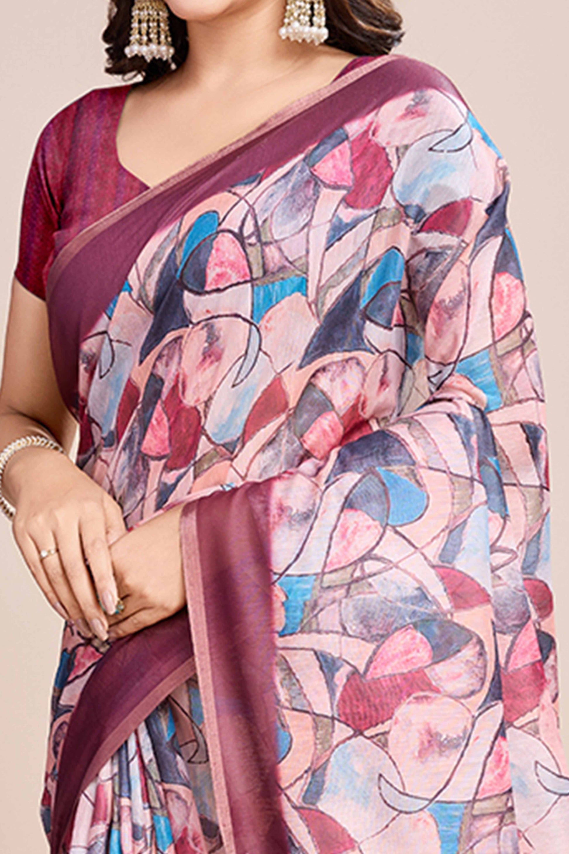 Multicolor Floral Printed Linen Saree