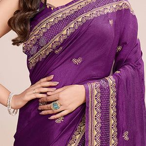 Magenta Floral Embroidered Vichitra Silk Saree