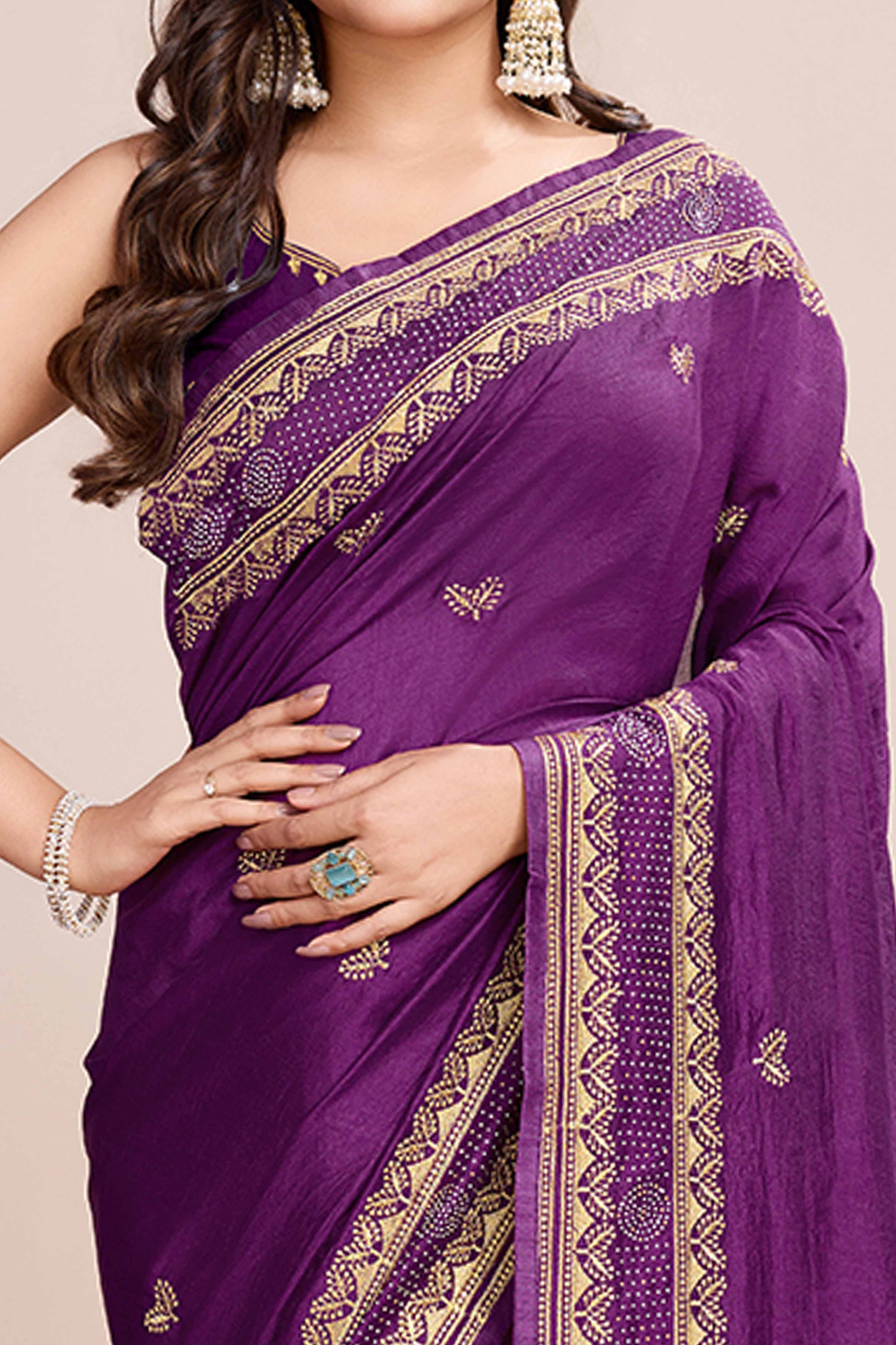 Magenta Floral Embroidered Vichitra Silk Saree