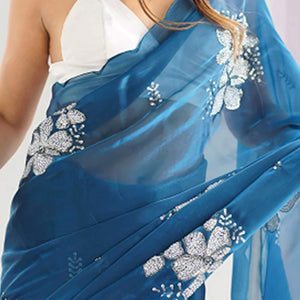 Blue Sequins Floral Embroidered Organza Saree