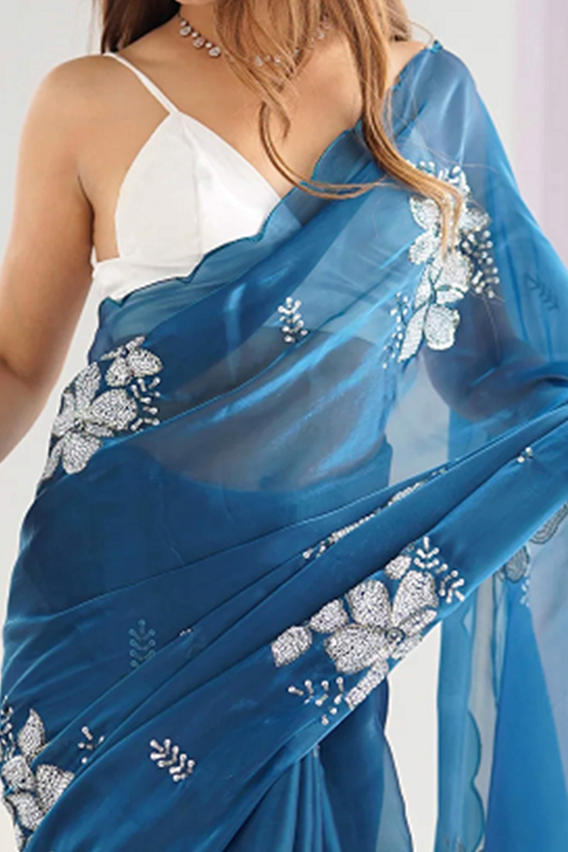 Blue Sequins Floral Embroidered Organza Saree
