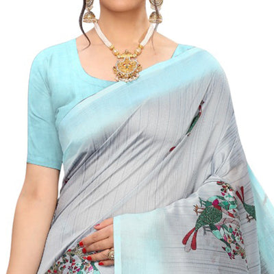 Grey Printed Art Silk Saree