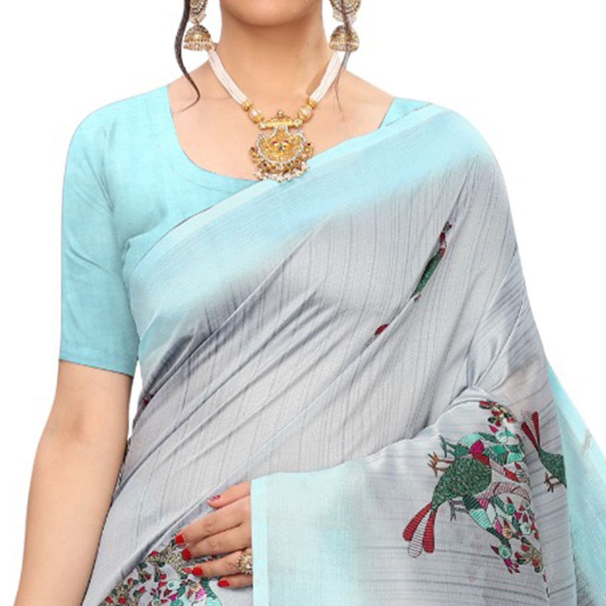 Grey Printed Art Silk Saree