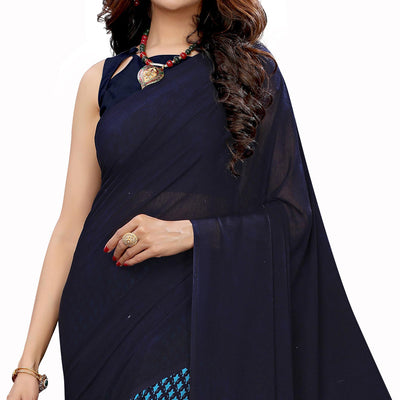 Ethnic Navy Blue Colored Casual Wear Printed Georgette Half-Half Saree