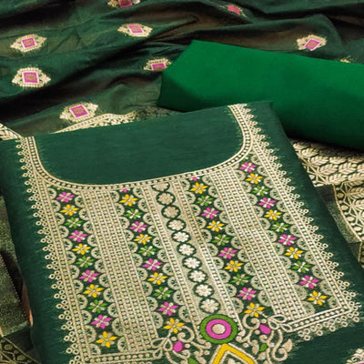 green-floral-woven-chanderi-dress-material