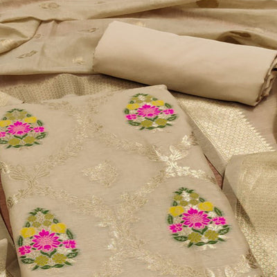 Chikoo Floral Woven Chanderi Dress Material