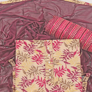 Chikoo & Wine Foil Printed With Handwork Pure Pure Cotton Dress Material