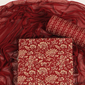 Maroon Floral Foil Printed Cotton Blend Dress Material