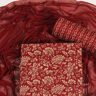 Maroon Floral Foil Printed Cotton Blend Dress Material