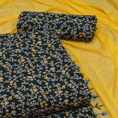 Bottle Green Floral Printed With Embroidery Cotton Silk Dress Material