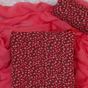 Cherry Red Floral Printed With Embroidery Cotton Silk Dress Material