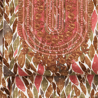 Brown Foil Printed With Embroidery Pure Cotton Dress Material