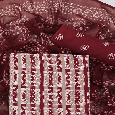 Maroon & Brown Geometric Printed Crepe Dress Material