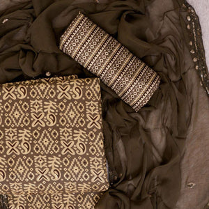 Brown Foil Printed Cotton Blend Dress Material