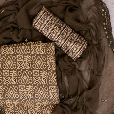 Brown Foil Printed Cotton Blend Dress Material