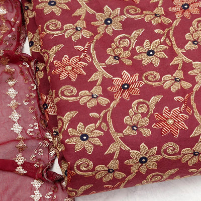 Maroon Floral Printed Pure Cotton Dress Material