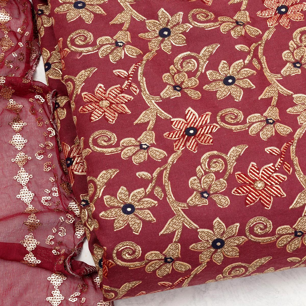 Maroon Floral Printed Pure Cotton Dress Material